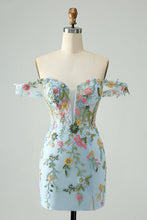 Blue Flower Mermaid Off The Shoulder Corset Short Homecoming Dress with Embroidery