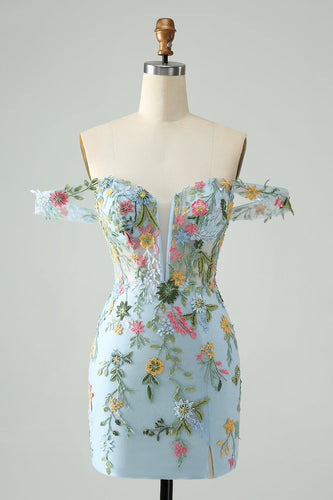 Blue Flower Mermaid Off The Shoulder Corset Short Homecoming Dress with Embroidery