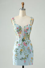Blue Flower Mermaid Off The Shoulder Corset Short Homecoming Dress with Embroidery