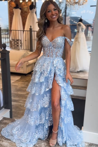 Princess A Line Off the Shoulder Corset Prom Dress with Lace Ruffles