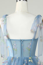 Cute Grey Blue A Line Spaghetti Straps Short Homecoming Dress with Appliques