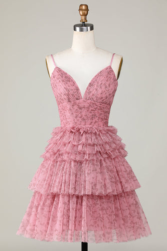 Blush Cute A Line Spaghetti Straps Short Homecoming Dress with Ruffles