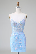 Sparkly Blue Spaghetti Straps Corset Short Homecoming Dress with Sequins
