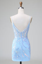 Sparkly Blue Spaghetti Straps Corset Short Homecoming Dress with Sequins