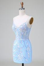 Sparkly Blue Spaghetti Straps Corset Short Homecoming Dress with Sequins
