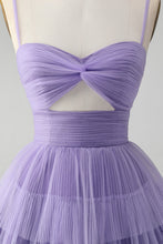 Cute Purple A Line Spaghetti Straps Short Tiered Homecoming Dress with Hollow Out