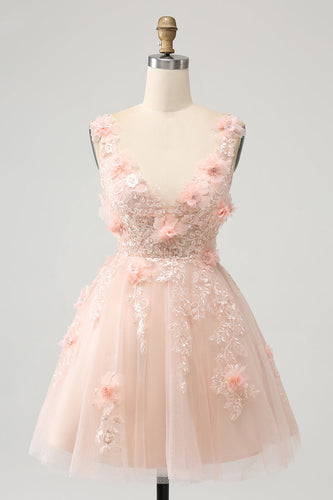 Cute Blush A Line V Neck Sequin Corset Short Homecoming Dress with Appliques