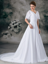 A-Line Wedding Dresses V Neck Chapel Train Chiffon Satin Short Sleeve with Ruched Beading