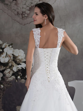 A-Line Wedding Dresses Sweetheart Neckline Chapel Train Lace Tulle Spaghetti Strap with Beading Appliques