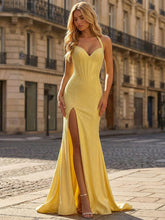 Yellow Beaded Halter Corset Prom Dress with High Slit