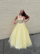 Yellow Floral A Line Lace Tulle Long Prom Dress with Appliqué