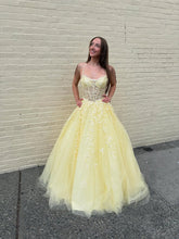 Yellow Floral A Line Lace Tulle Long Prom Dress with Appliqué