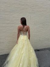 Yellow Floral A Line Lace Tulle Long Prom Dress with Appliqué