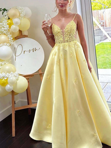 Yellow Floral Appliqué Satin A-Line Long Prom Dress