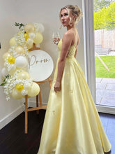 Yellow Floral Appliqué Satin A-Line Long Prom Dress