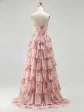 Yellow Floral Corset Ruffled Long Prom Dress with Slit