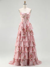 Sparkly Blue Floral Corset Ruffled Long Prom Dress with Slit