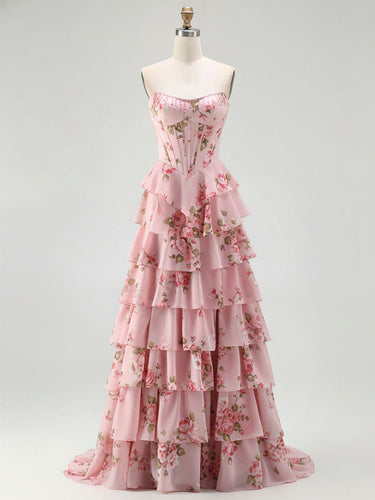 Yellow Floral Corset Ruffled Long Prom Dress with Slit