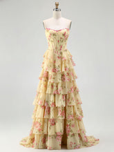 Yellow Floral Corset Ruffled Long Prom Dress with Slit