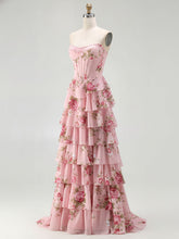 Yellow Floral Corset Ruffled Long Prom Dress with Slit