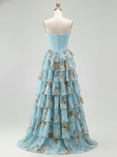 Blue Strapless Floral Print Tiered Ruffle Corset Prom Dress