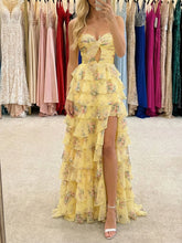 Yellow Floral Print Strapless Tiered Ruffles Long Prom Dress with Tie-Front Bow