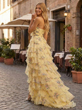 Yellow Floral Print Strapless Tiered Ruffles Long Prom Dress with Tie-Front Bow