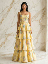 Yellow Floral Tiered A-Line Prom Dress with Braided Straps
