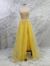 Yellow Metallic Lace Appliqué Tulle Long Prom Dress with Slit