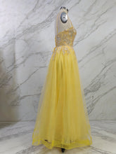 Yellow Metallic Lace Appliqué Tulle Long Prom Dress with Slit