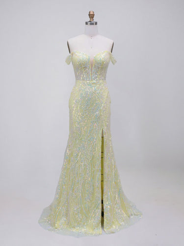 Yellow Off-the-Shoulder Plunging V-Neck Sequin Prom Dress with High Slit