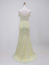 Yellow Off-the-Shoulder Plunging V-Neck Sequin Prom Dress with High Slit