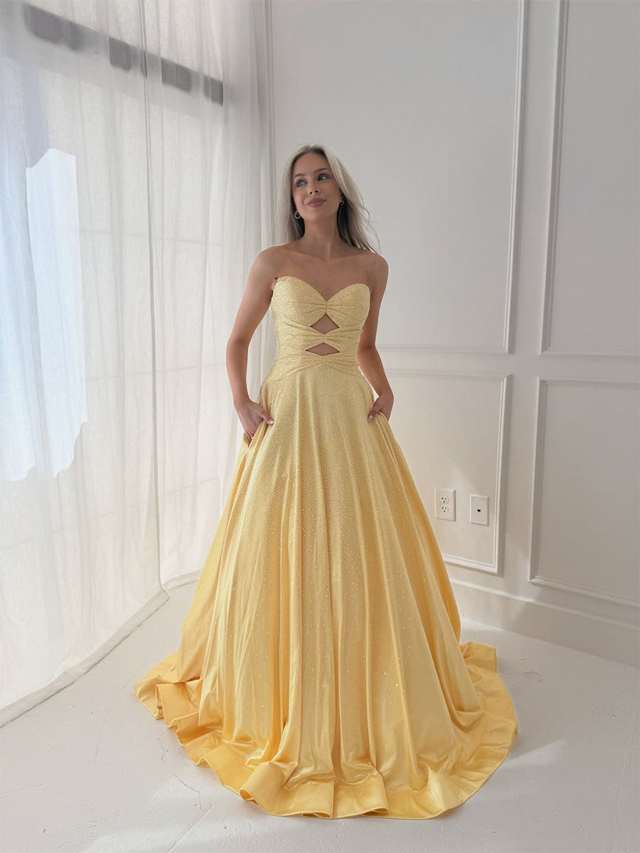 yellow prom dress with pockets Simple A Line Spaghetti Straps Long Yellow Prom Dresses with Pockets, Shiny Party