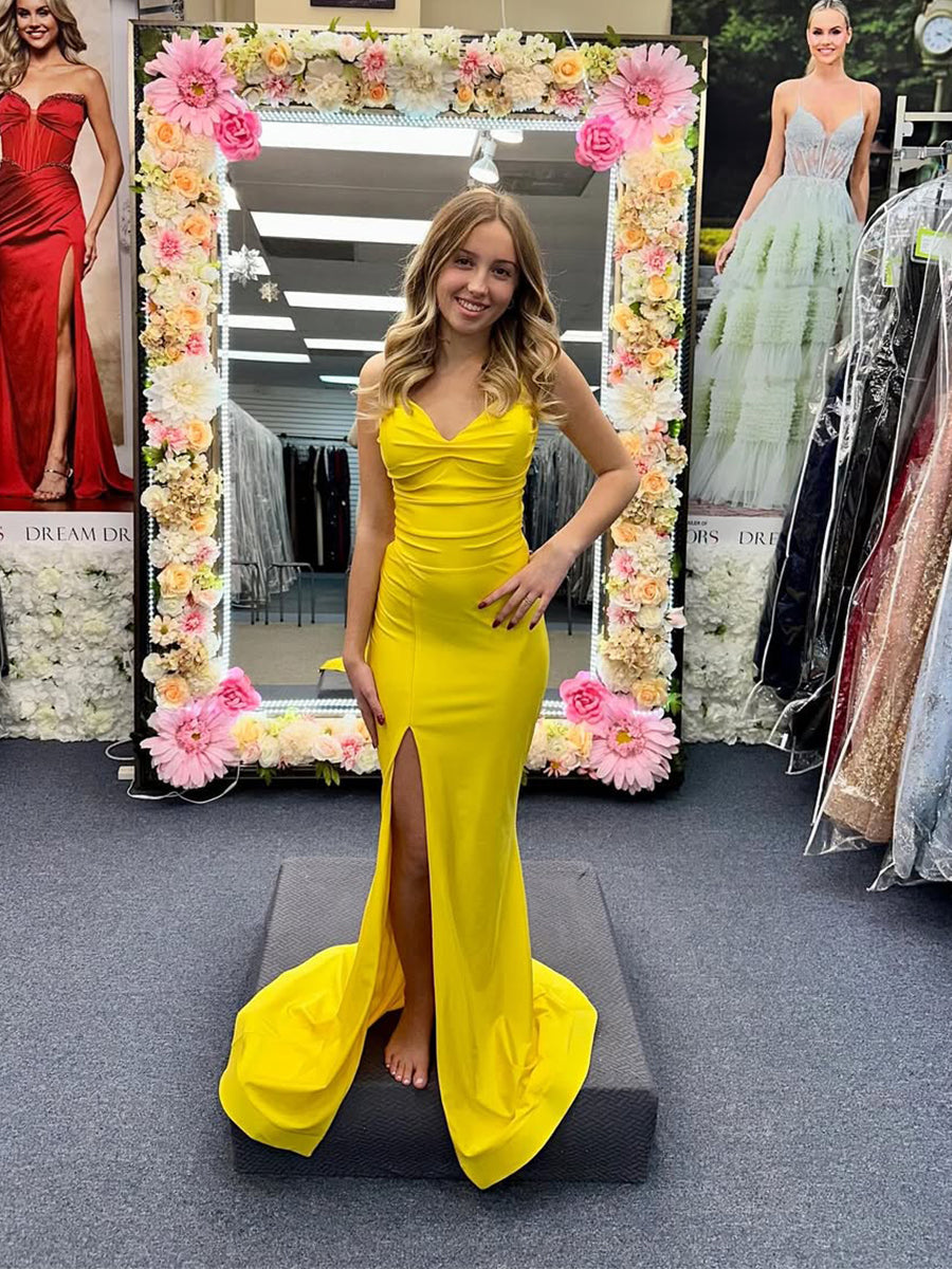 Yellow Spaghetti Strap Twisted Ruched Bodice Prom Dress with High Slit