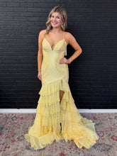 Yellow Sparkly Mermaid Tiered Ruffle Sequin Long Prom Dress