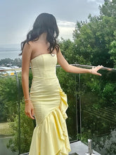 Yellow Strapless Cascading Ruffled Satin Prom Dress with High Slit