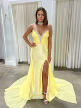 Yellow Strapless Crystal Plunge Neckline Satin Prom Dress with Slit