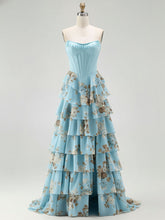 Blue Strapless Floral Print Tiered Ruffle Corset Prom Dress