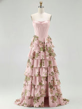 Blue Strapless Floral Print Tiered Ruffle Corset Prom Dress
