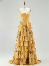 Blue Strapless Floral Print Tiered Ruffle Corset Prom Dress