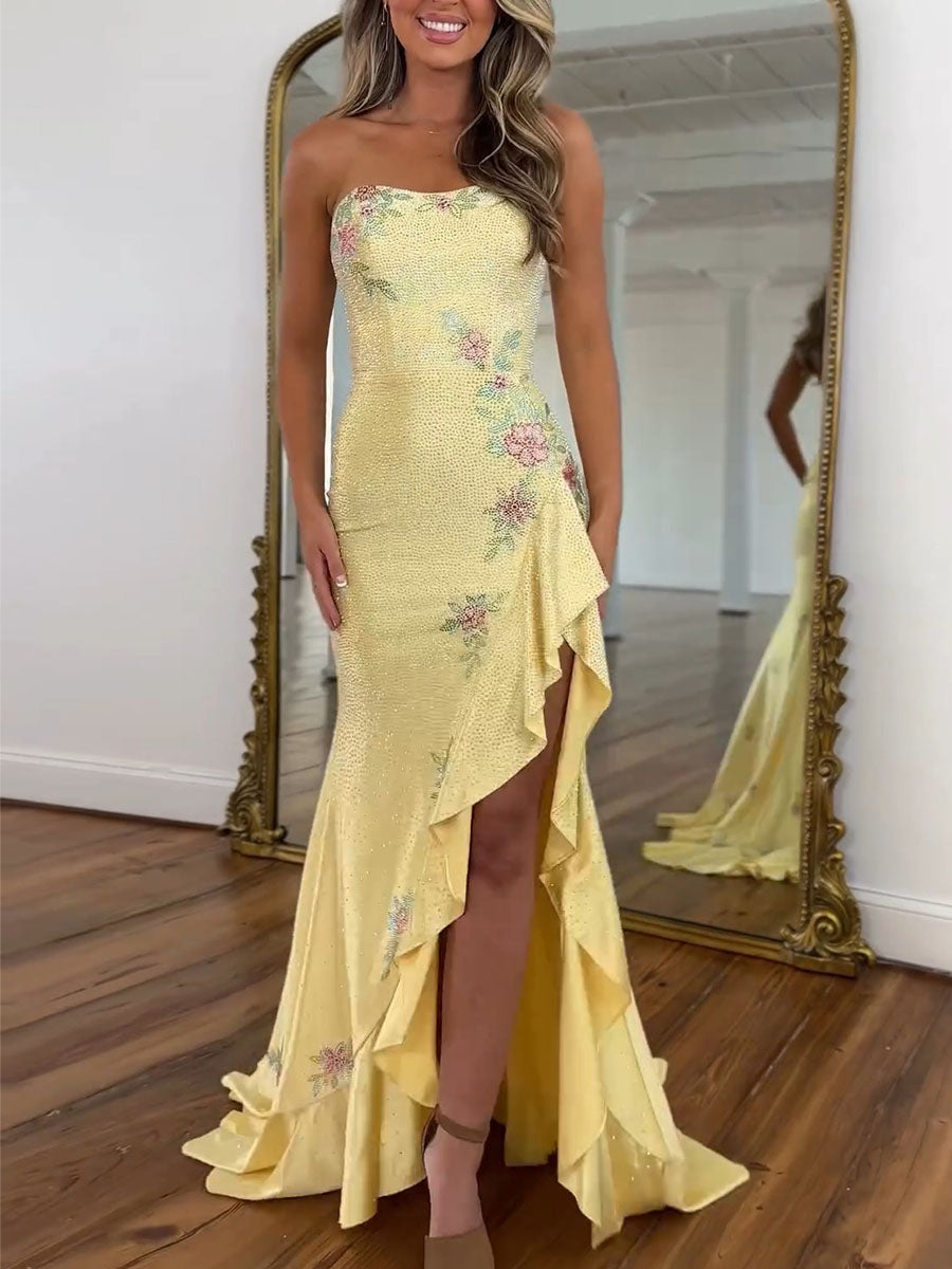 Yellow Strapless Floral Rhinestone Prom Dress with Corset Back