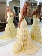 Yellow Strapless Mermaid Cutouts Ruffled Tiered Corset Back Prom Dress with Slit