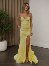Yellow Strapless Sweetheart Neckline Ruched Prom Dress with Thigh Slit