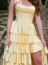 Yellow Strapless Tiered Ruffle Corset Long Prom Dress with Slit