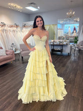 Yellow Strapless Tiered Ruffle Corset Prom Dress with High Slit