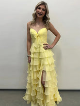 Yellow Tie-Front Sweetheart Neckline Tiered Ruffle Prom Dress with Slit