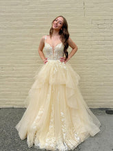 Yellow Tiered Tulle A-Line Long Prom Dress with Floral Lace