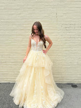 Yellow Tiered Tulle A-Line Long Prom Dress with Floral Lace
