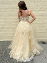 Yellow Tiered Tulle A-Line Long Prom Dress with Floral Lace
