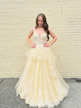 Yellow Tiered Tulle A-Line Long Prom Dress with Floral Lace